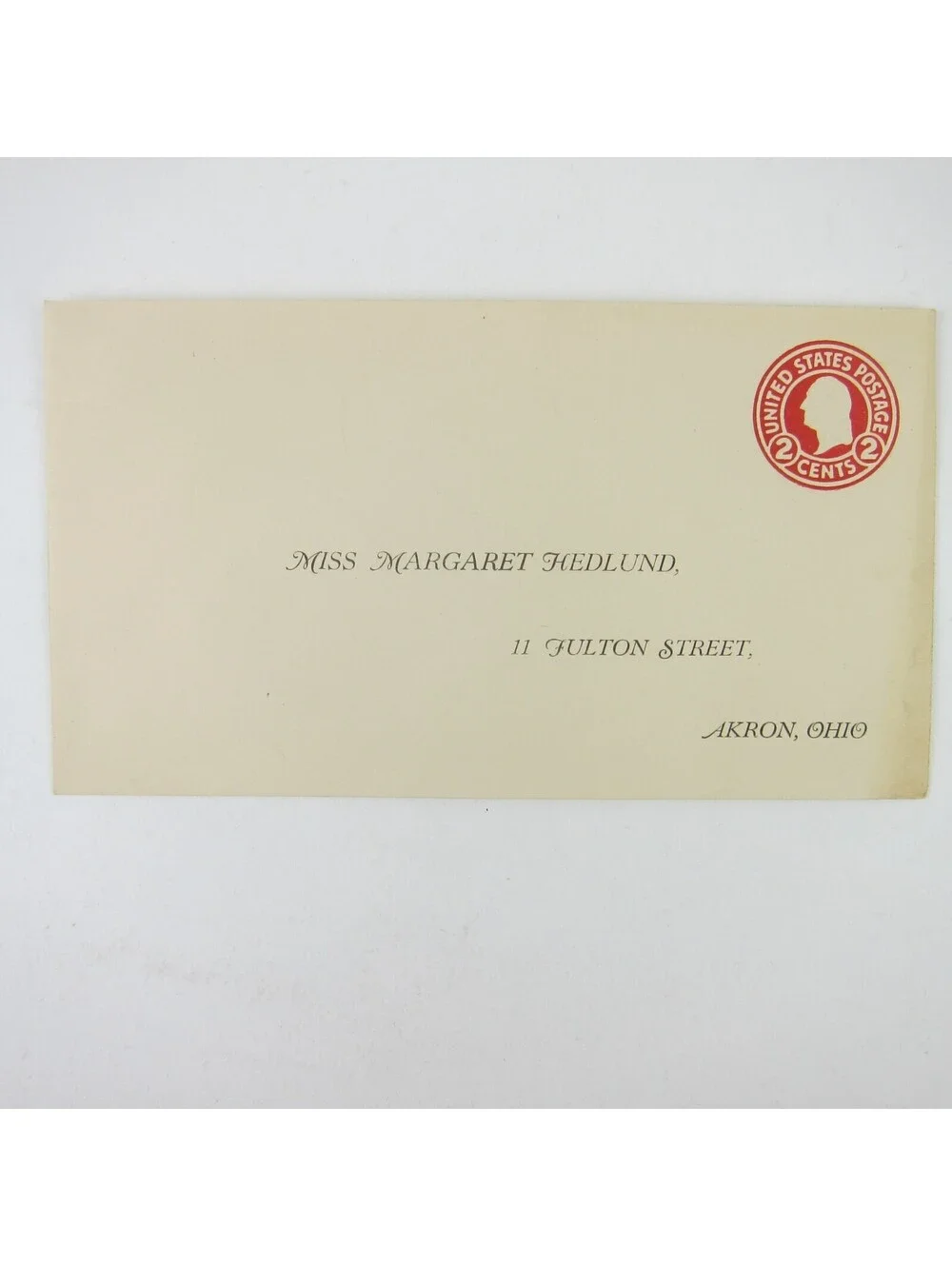 US Postal Stationery Miss Margaret Hedlund Akron Ohio 2 cent Washington Antique